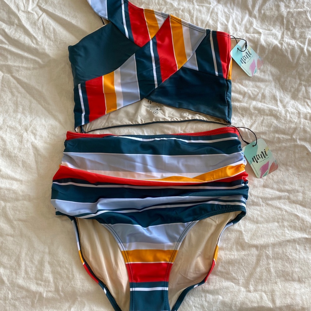 Nani 2 piece modest swimsuit, high rise bottoms, one shoulder strap
